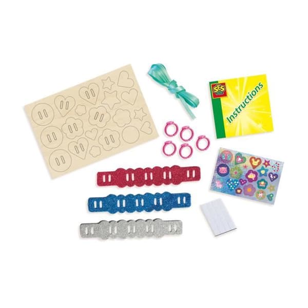 SES Creative Easy Glitterringar och armband, smycketillverkningssats för barn, 3 år