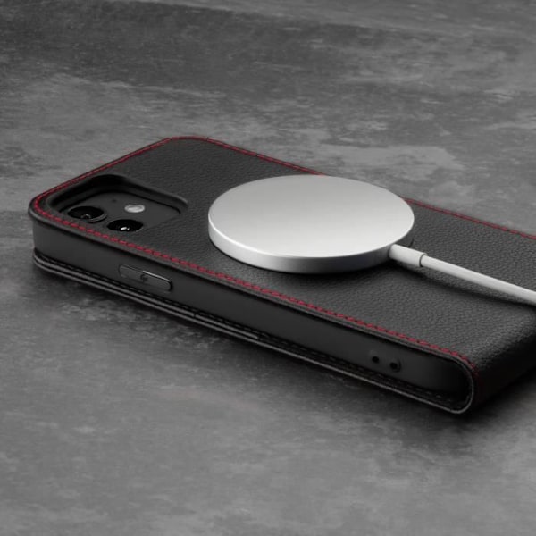 TORRO Flip-fodral kompatibelt med iPhone 12 och iPhone 12 Pro Hölster med vertikal öppning i äkta läder av hög kvalitet med MagSa Svart med röd detalj