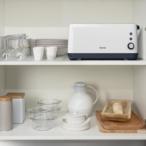 TEFAL Minim Compact brödrost, extra brett spår, 7 bryningsnivåer, Återuppvärmning och avfrostning, Avtagbar smulbricka TL302110 vitt och grått