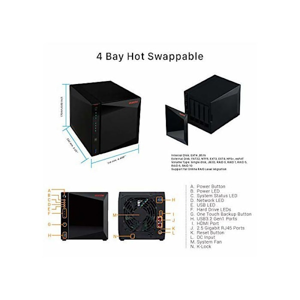 NAS-server - ASUSTOR - Nimbustor 4 AS5304T - Celeron Quad Core J4105 - 4 GB RAM - 4 fackar