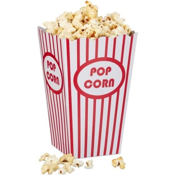 Relaxdays popcornlådor, behållare, påsar set med 48, retro, biofilmkväll, födelsedag, kartong, röd/vit