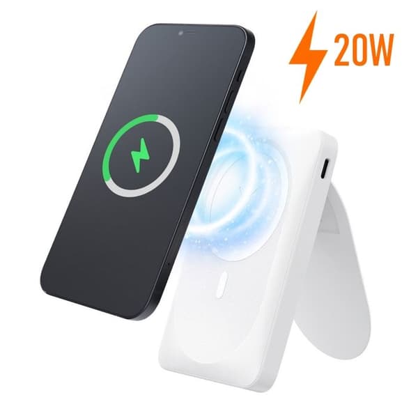 FORCELL Externbatteri 10 000 mAh MagSafe & PixelSnap med vikbar stöd, Laddning 20W + USB-C/USB-A Vit