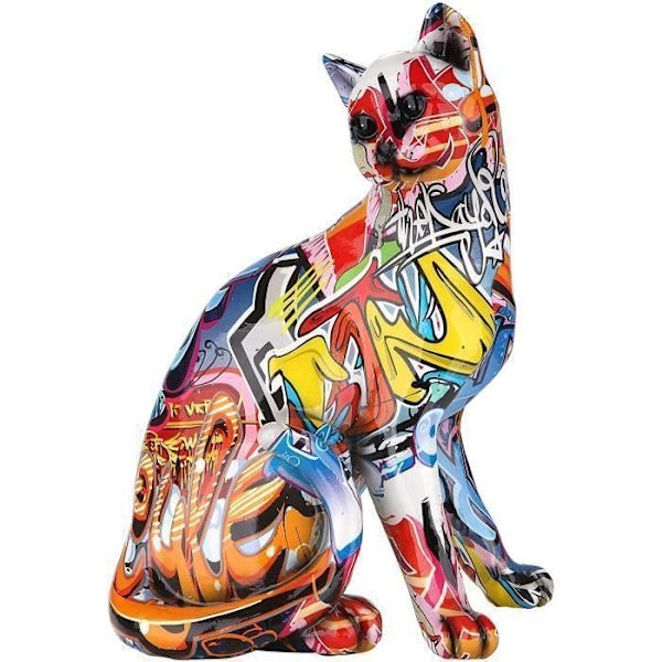Modern skulptur dekorativ figur katt POP ART i mångfärgad konstgjord sten 23x29 cm mångfärgad