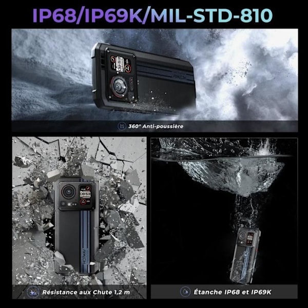 HOTWAV Cyber 15 Smarttelefon Robust 200MP 24GB + 256GB ROM, 6,6'' FHD+ 6280mAh IP68 Telefon 4G Sekundärskärm Bak svart Svart