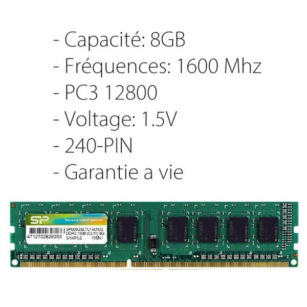 8 GB DDR3 1600 UDIMM-minne - Silicon Power - Två rader - Integrerad avslutning - Livstidsgaranti