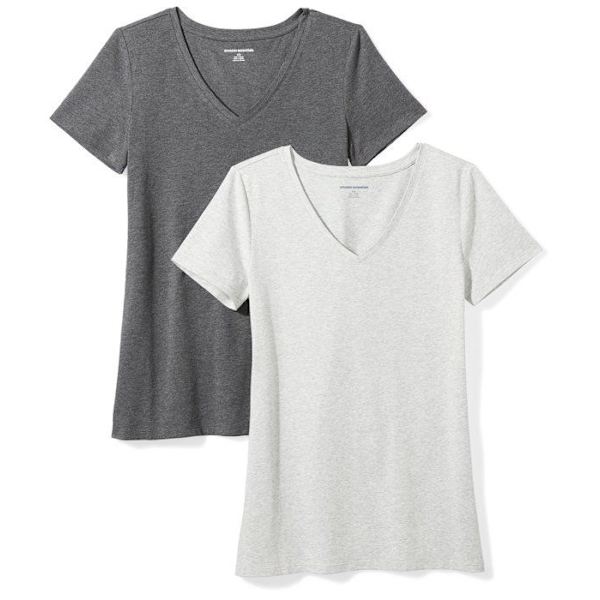 Essentials T-shirt - WAE45055SP18-Cha-XL - Amazon Klassisk passform för kvinnor med kortärmad V-ringad T-shirt, flera förpackningar Träkol Ljusgrå Ljung XL