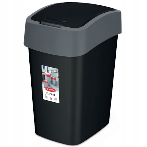 CURVER Soptunna 10L med svänglock - Flip Bin - För kök, kontor, badrum - 18,9 x 23,5 x 35 cm - Svart / Grå