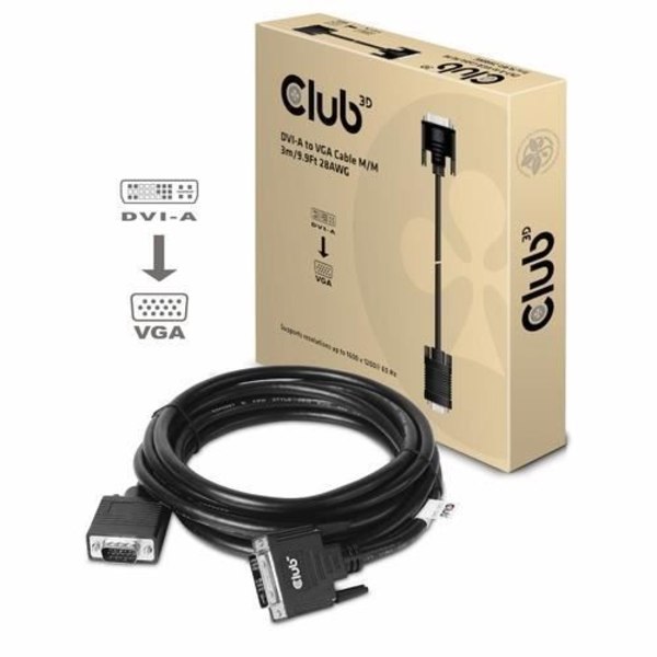 CLUB3D DVI-A TILL VGA-KABEL M-M 3M- 9,8FT 28 AWG DVI-D SVART (CAC-1243)