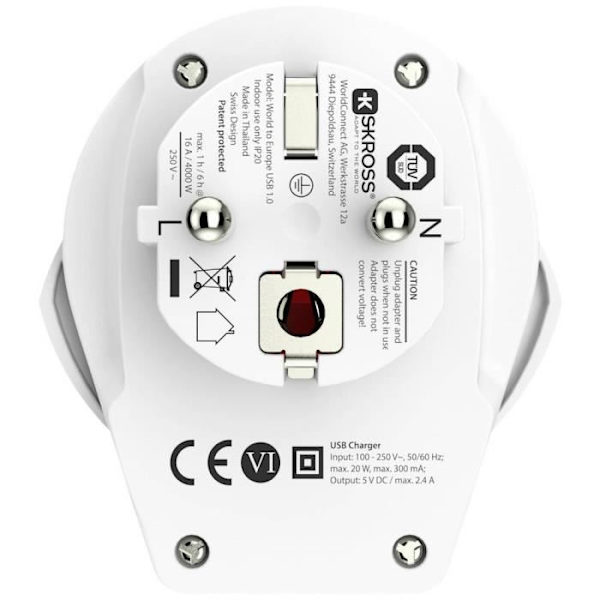 Reseadapter - SKROSS - World to Europe USB 1.0 - Vit - För utlandet - Anslutningstyp Vit