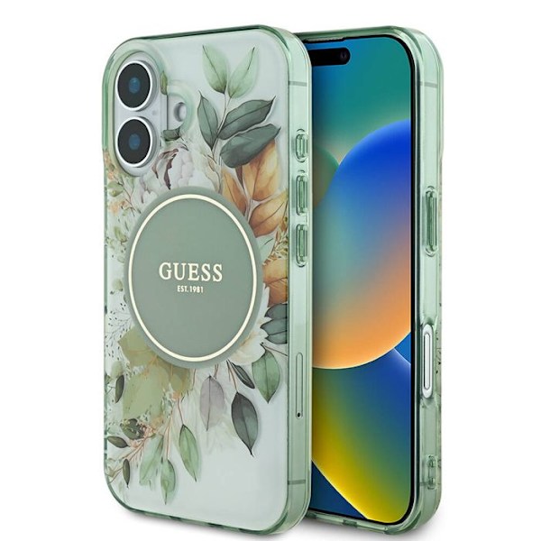 Coque Guess IML Flower & Tonal Circle MagSafe för iPhone 16 Plus (grön)