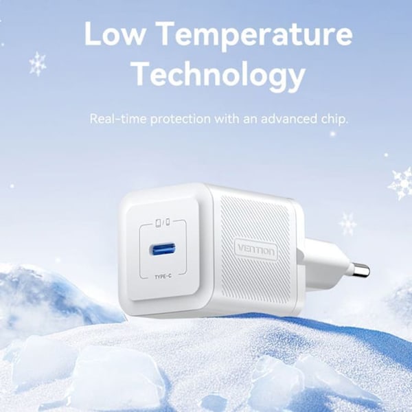 Laddare för EU-kontakt, GaN, 20W, Typ-C, Smart Charging - Vention (FEPB0-EU) - Svart