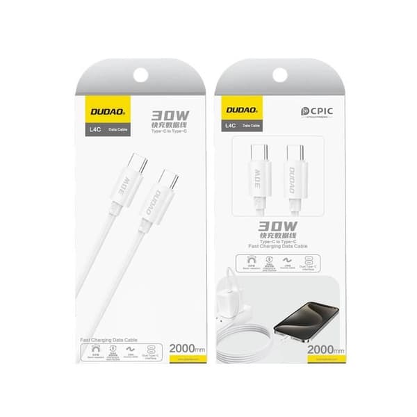 USB-C-kabel - DUDAO - L4C - 30 W (PD) - 2 m - Vit flätad nylon Vit