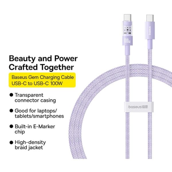 USB-C-kabel - BASEUS - Gem - 100W - 1m - Nebula Purple Nebula Lila