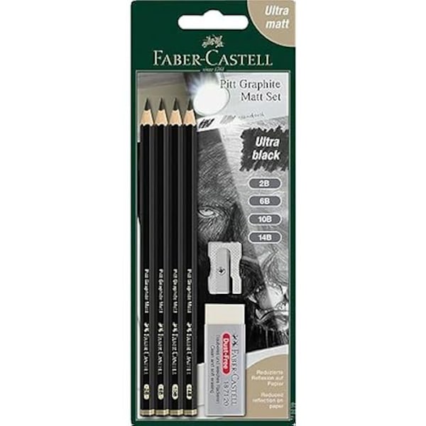 Faber-Castell 115298 - Blyertspennor Set Pitt Graphite Matt, 5-delad, inkl. Blixt och Suddgummi Svart