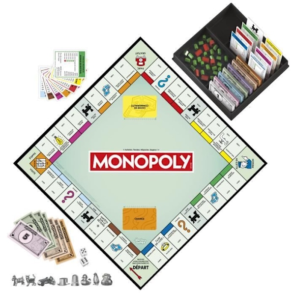 Klassisk Monopoly, brädspel med förvaringslåda och stora spelpjäser, 2 till 6 spelare, version FR, från 8 år. Flerfärgad