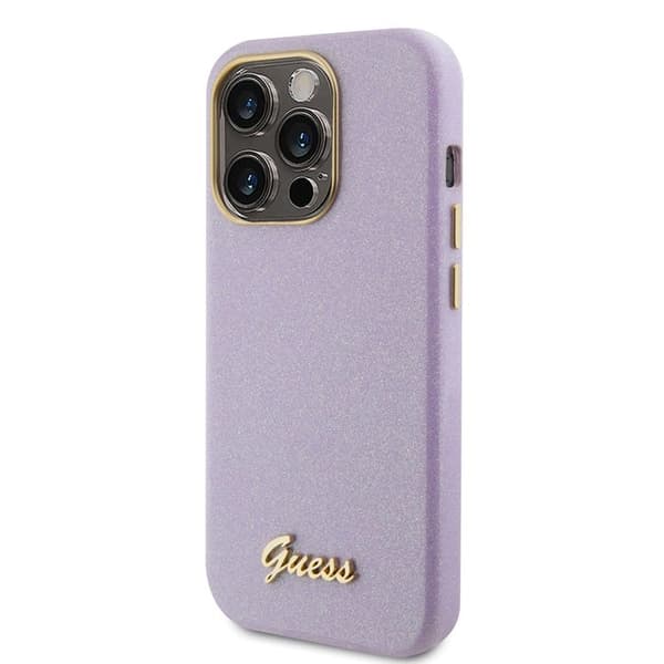 Coque Guess Glitter Glossy Script för iPhone 15 Pro - Ljuslila Ljuslila