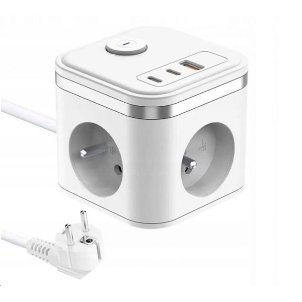 Schneider Electric Adaptör Viking YC33, 3x 230 V, 1x USB-A, 2x USB-C, ON/OFF-skärm, längd 1,4 m, vit