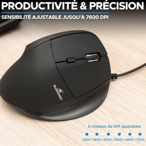 Ergonomisk vertikal mus - Trådad - BLUESTORK - 7200 DPI - Svart