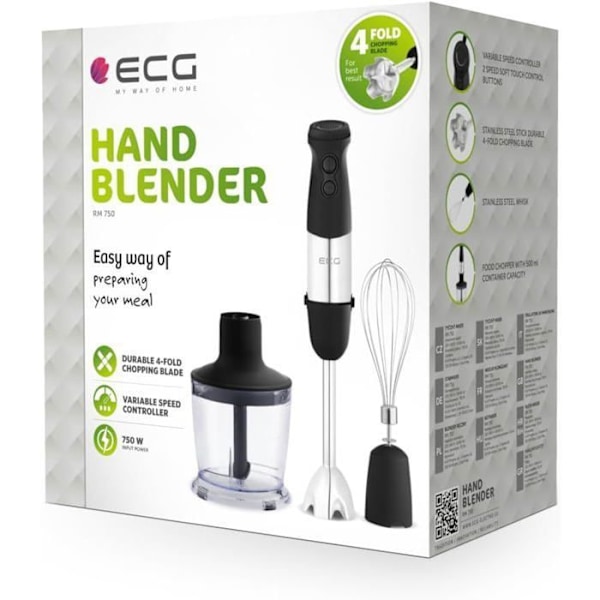 Handmixare ECG RM 750 – 750 W – Rostfri fot – Visp, 500 ml hackare, 600 ml kopp – Tyst & lätt