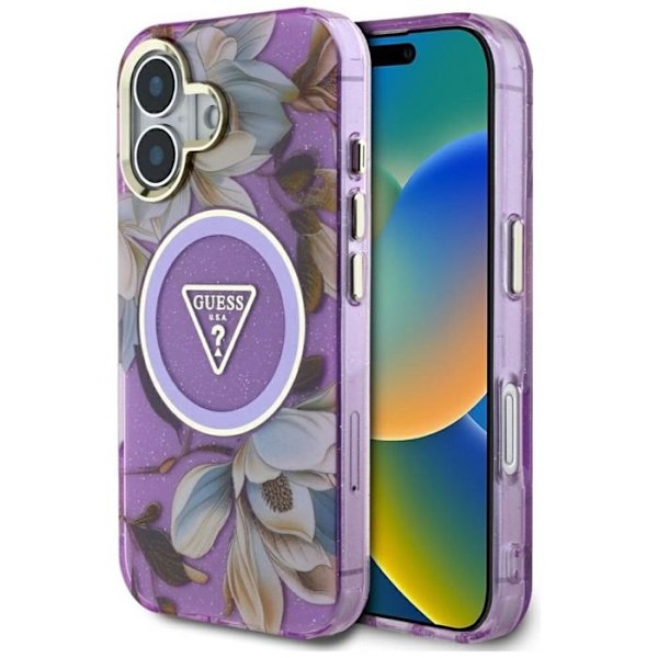 Coque Guess Glitter Flowers Triangle Buttons MagSafe för iPhone 16 (lila) lila