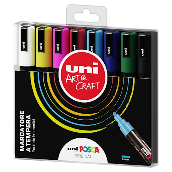 Acyrlika markörer - POSCA - Set om 8 - Rund spets 1,8-2,5 mm - Flerfärgad - Oföränderlig Flerfärgad