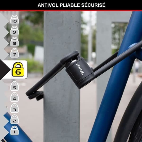 Hopfällbart cykellås - MASTER LOCK - 8335EURDPRO - Härdat stål, 4 nycklar, stöd ingår Svart