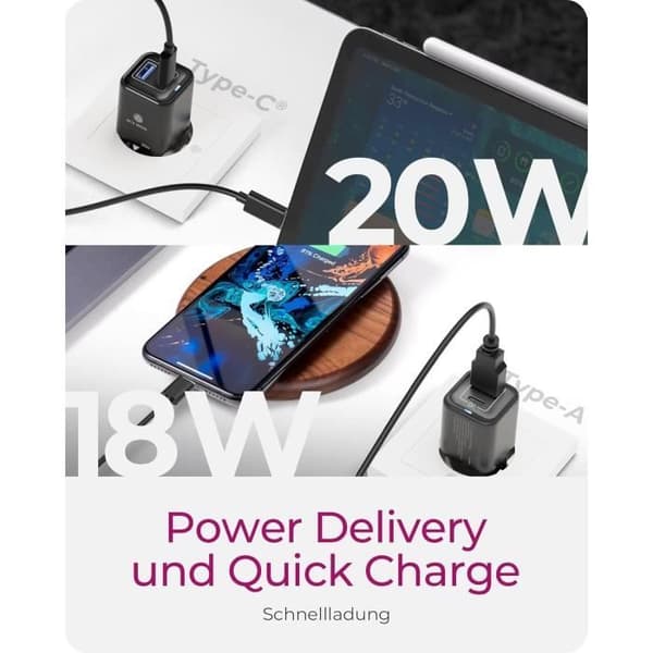 Strömförsörjning - ICY BOX - IB-PS1020-PD - 20W - USB-C - USB-A - Snabbladdning