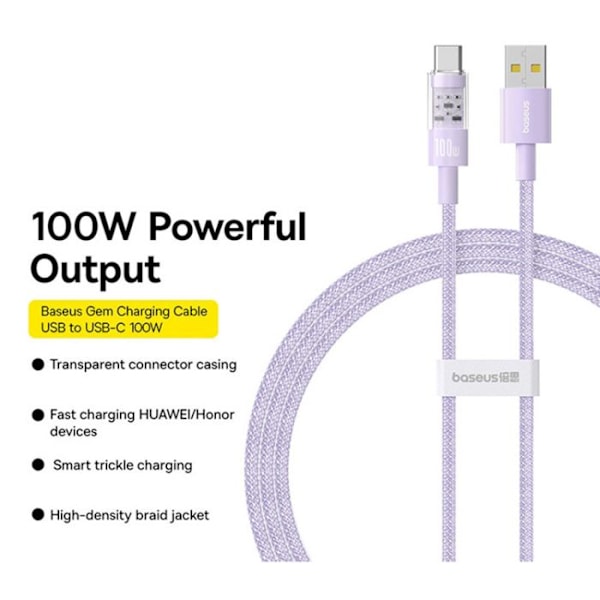 USB-kabel till Type-C, Super Snabb Laddning 100W, 2m - Baseus Gem (P10373002511-01) - Nebula Lila