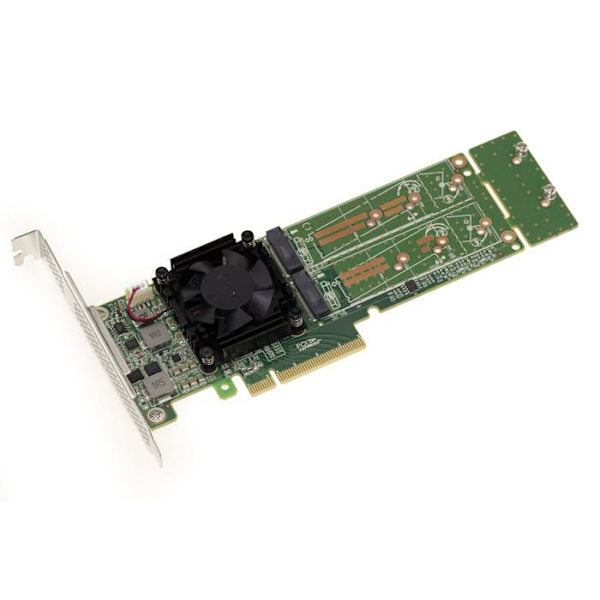 M2 PCIe 3.0 x8-kontrollkort för 2 M.2 NVMe M Key SSD:er. PLX PEX 8747-chipset - 32GB per SSD, 64G totalt. Hög och låg profil.