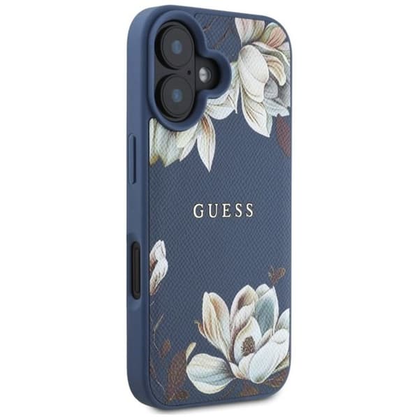 Coque Guess Grained Flower Printed MagSafe för iPhone 16 (blå) blå