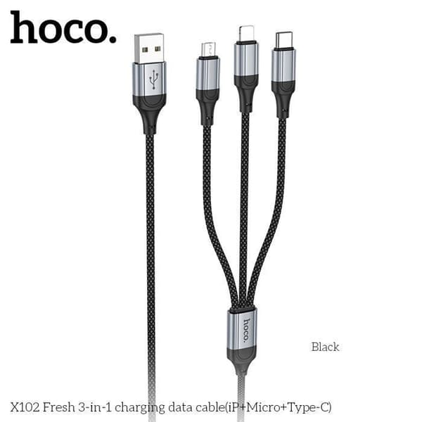 HOCO 3-i-1 USB till Lightning (iP) / USB-C / Micro-USB 1 m - Flätad nylon, 2.4A