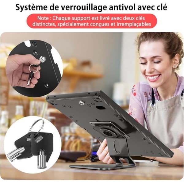 Stöd antivol tablet AboveTEK - Låsbar metall, vridbar 360° för iPad 9,7–10,5, disk/vägg (svart)
