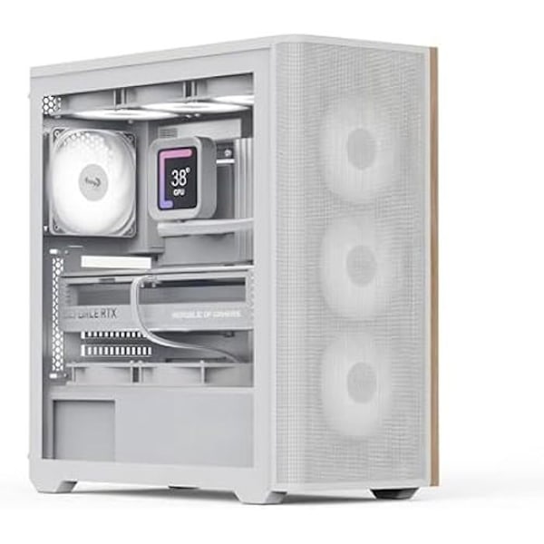 AeroCool Tornbyggnad D501A, front i diffus trämesh, stöd för 360 mm radiator, 11 platser