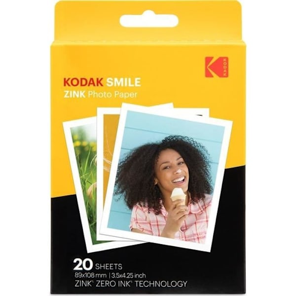 KODAK ZINK-papper 3" x 4" 20-arkspaket för SMILE-kamera - Premiumpapper - HD Levande färger - Fläcksäker