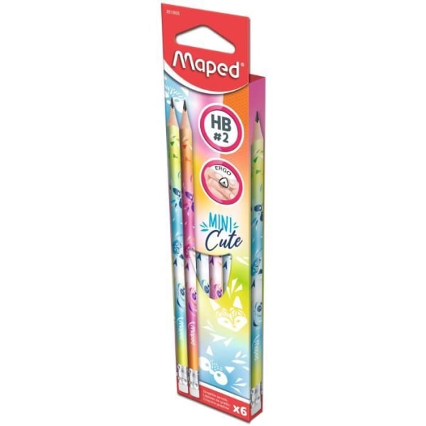 Maped - 6 grafitpennor HB2 Mini Cute Eraser Tip - Ergonomisk triangulär form