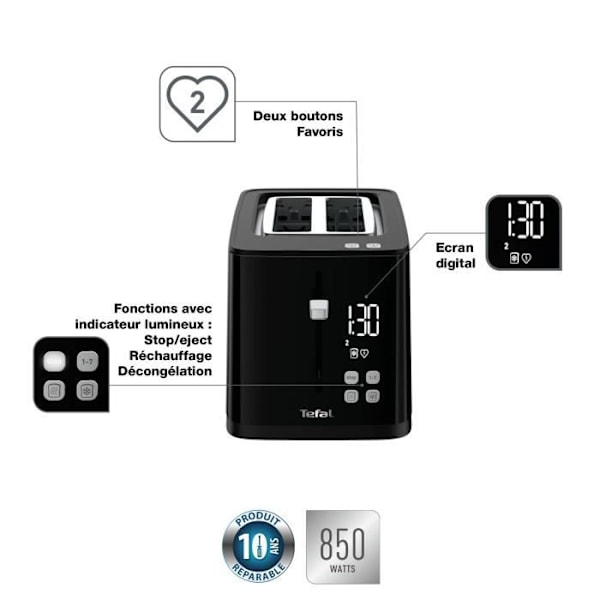 Tefal SMART N' LIGHT BROSTASTER BROSTASTER 2 PLATSER 7 GULDS SVART DIGITAL SKÄRM TT640810