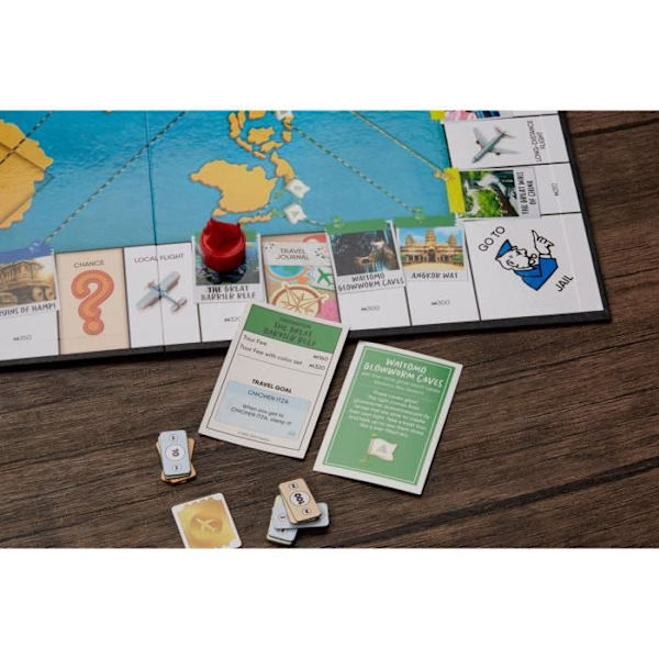 Monopolymatchen runt om i världen, sällskapsspel, från 8 år, med stämplande pjäser och en torrtavla. Flerfärgad