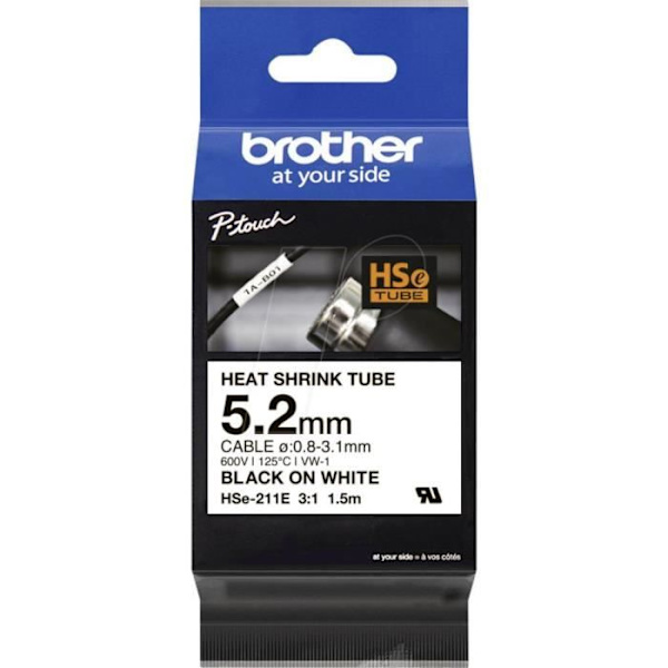 Ruban encreur - BROTHER - HSE211E - 5,2 mm - Noir sur Blanc - 1 enhet