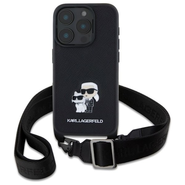 iPhone 16 Pro Max-fodral med metallrem Karl Lagerfeld Saffiano Karl & Choupette (svart)