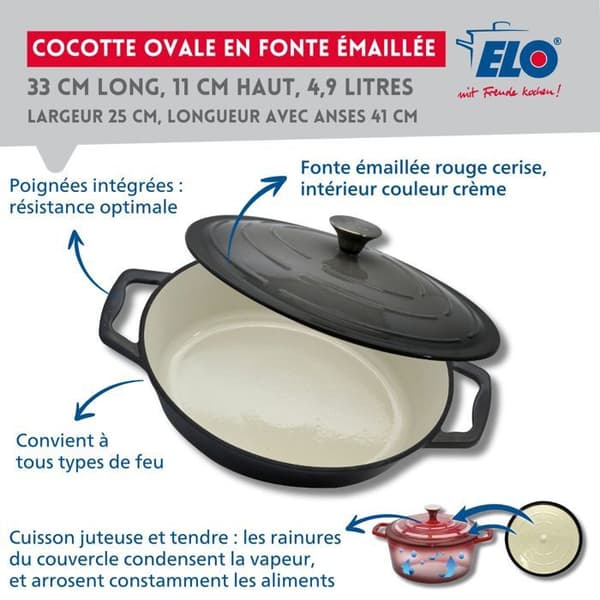 Emaljerad gjutjärn oval cocotte 33 cm klassisk grå 5 L Elo Grå