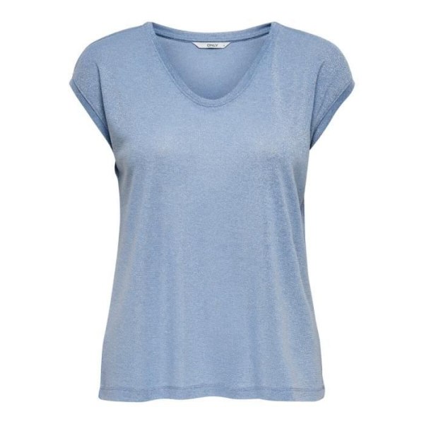 Only Silverfärgad kortärmad V-ringad lurex t-shirt för kvinnor - halogenblå - XXXL