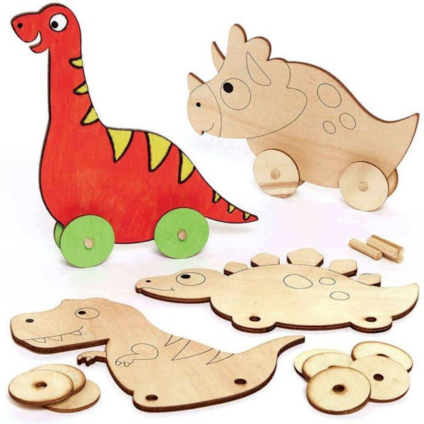 Pull Toy - Baker Ross Push Toy - FC830 - Wooden Pull Toy Dinosauriemönster - Set med 4, leksaker för barn ()