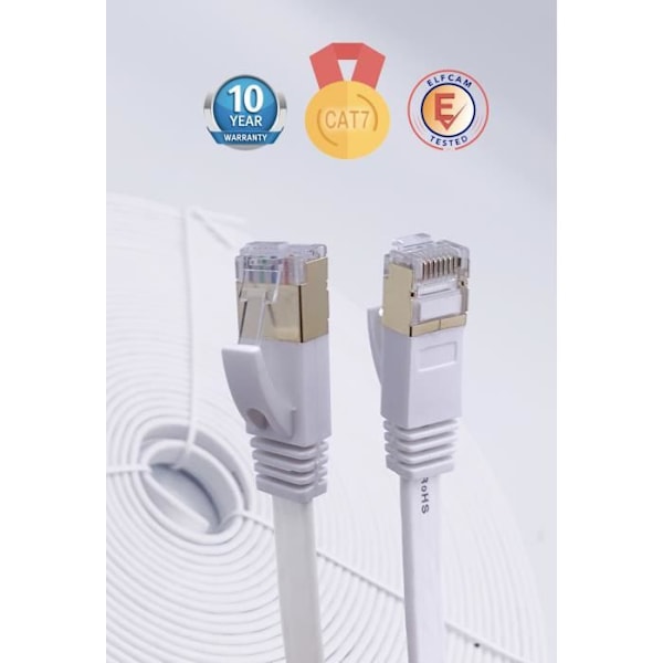 Elfcam® - RJ45 Ethernet-nätverkskabel, Cat 7 STP 100 % koppar, platt kabel, 32 AWG, vit (1,5M)