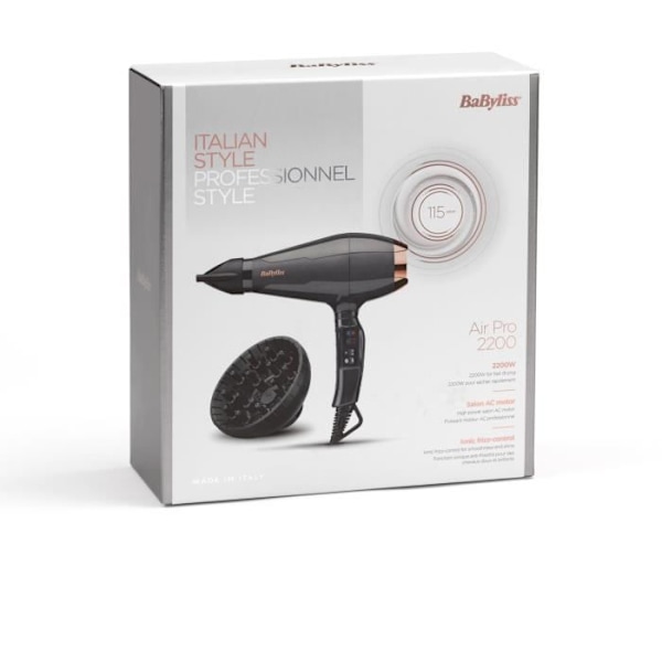 Hårtork - BaByliss - 6719DE Air Pro 2200 - Prestanda, professionell kvalitet, glans - Tillverkad i Italien Svart