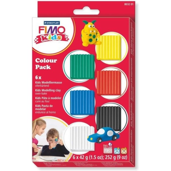 Staedtler FIMO Kids, sortiment av 6 limpor av ultraflexibel FIMO-lera i ljusa och primära färger, speciellt