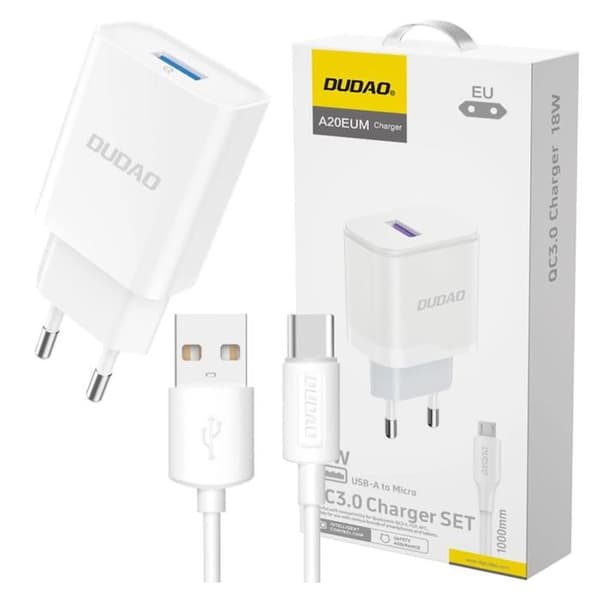 USB-A 2,1 A - DUDAO - A4EU - USB-C kabel 1m - Snabbladdning - Säkerhetsskydd Vit