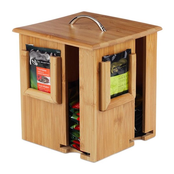 Relaxdays Te-box i bambu med 4 fack roterande display för 160 tepåsar HxlxB 20,5 x 18 x 18 cm, naturlig ljusbrun, silverfärgad