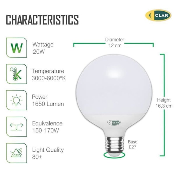 Ampoule LED Globe E27 - CLAR - 20W - 1300 lm - 360 - Varm/Vit/Neutral/Kall Vit Varm, Vit Neutral, Vit Kall