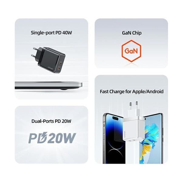 Laddare - USAMS - T54 - 2x USB-C - 40W - Snabbladdning - Kompatibel med iPhone och Android Vit