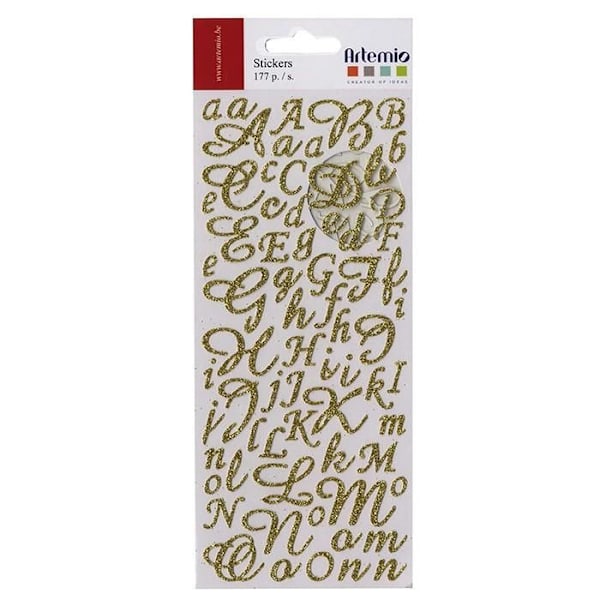 Alfabetsklistermärke - Artemio - Glitterguld - 177 klistermärken - Versaler och gemener - Blandat glitter guld